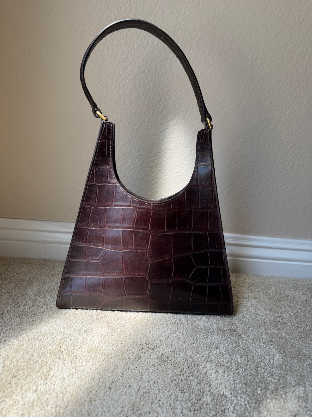 Staud Croc-Embossed Brown Shoulder Bag